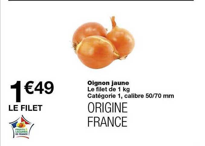 Oignon jaune Le filet de 1 kg Catégorie 1, calibre 50/70 mm ORIGINE FRANCE