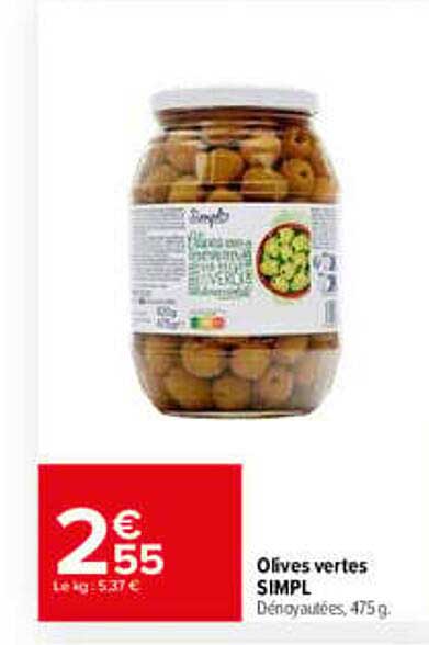 Olives vertes SIMPL Dénoyautées, 475 g
