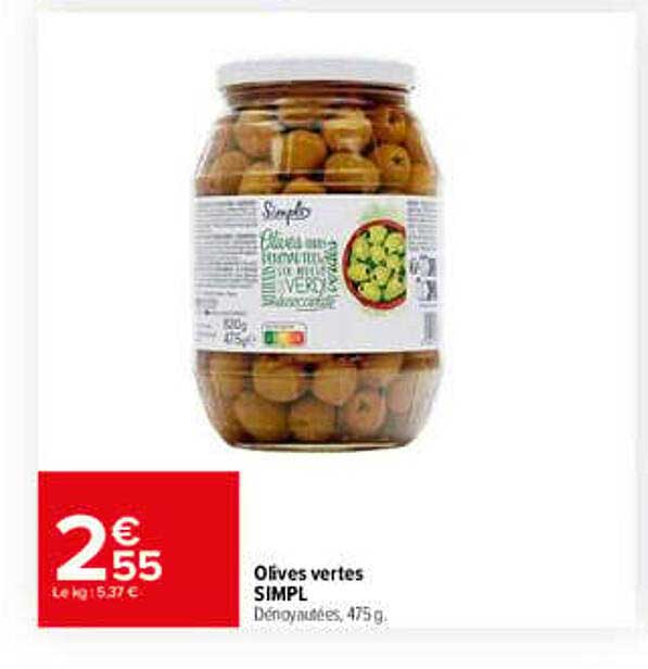 Olives vertes SIMPL Dénoyautées, 475 g