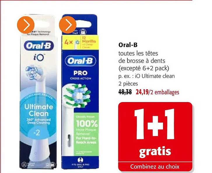 Oral-B toutes les têtes de brosse à dents (excepté 6+2 pack) p. ex. : iO Ultimate clean 2 pièces