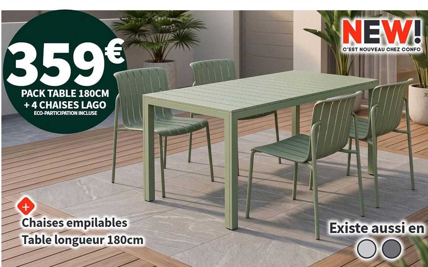 PACK TABLE 180CM + 4 CHAISES LAGO