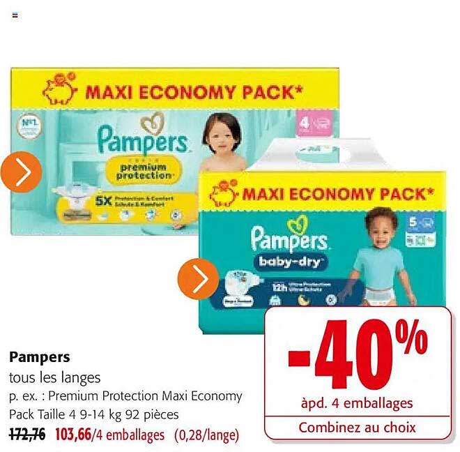 Pampers tous les langes p. ex.: Premium Protection Maxi Economy Pack Taille 4 9-14 kg 92 pièces