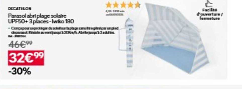 Parasol abri plage solaire UPF50+ 3 places - iwiko 180