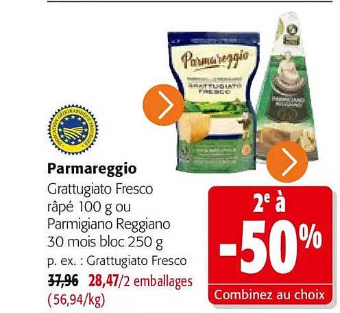 Parmareggio Grattugiato Fresco râpé 100 g ou Parmigiano Reggiano 30 mois bloc 250 g p. ex. : Grattugiato Fresco