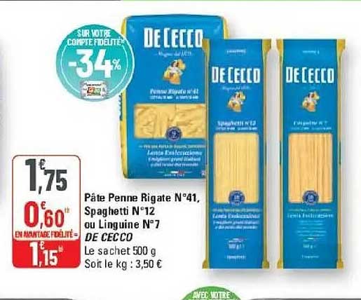 Pâte Penne Rigate N°41, Spaghetti N°12 ou Linguine N°7 DE CECCO
