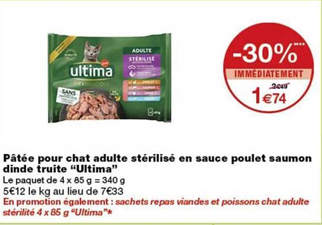 Pâtée pour chat adulte stérilisé en sauce poulet saumon dinde truite “Ultima”