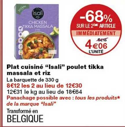 Plat cuisiné “Isali” poulet tikka massala et riz