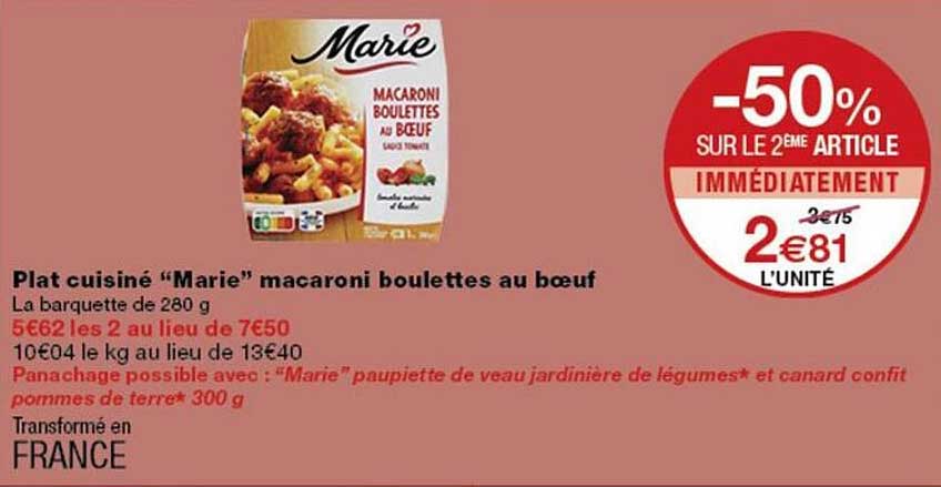 Plat cuisiné “Marie” macaroni boulettes au bœuf