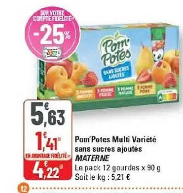 Pom'Potes Multi Variété sans sucres ajoutés MATERNEL Le pack 12 gourdes x 90 g Soit le kg : 5,21 €