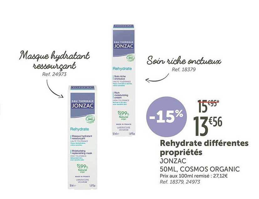 Rehydrate différentes propriétés JONZAC 50ML, COSMOS ORGANIC