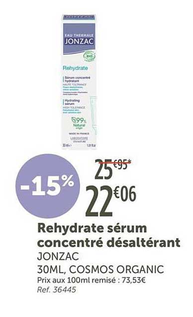Rehydrate sérum concentré désaltérant JONZAC 30ML, COSMOS ORGANIC