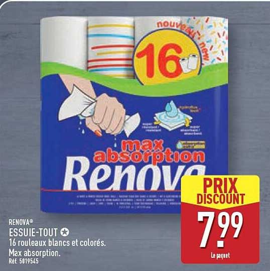 RENOVA ESSUIE-TOUT 16 rouleaux blancs et colorés. Max absorption.