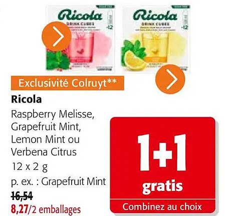 Ricola Raspberry Melisse, Grapefruit Mint, Lemon Mint ou Verbena Citrus 12 x 2 g