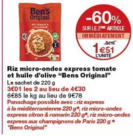 Riz micro-ondes express tomate et huile d’olive “Bens Original”