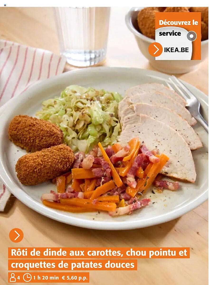 Rôti de dinde aux carottes, chou pointu et croquettes de patates douces