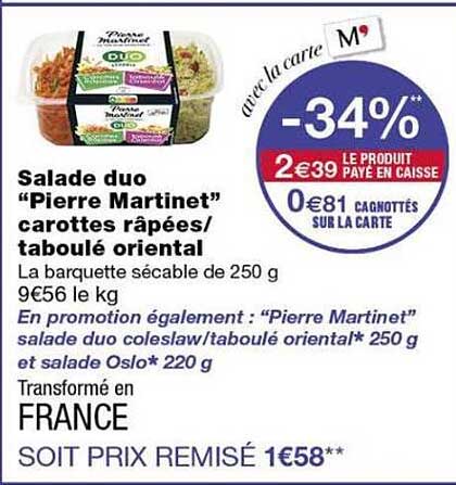 Salade duo “Pierre Martinet” carottes râpées/taboulé oriental