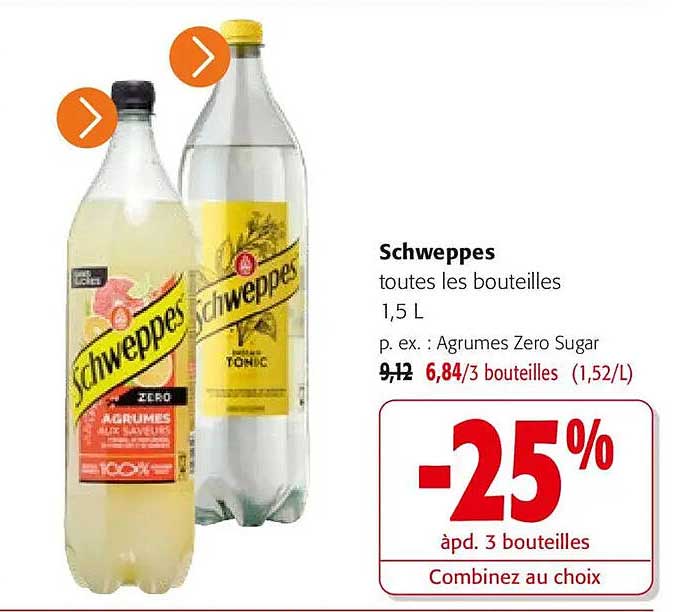 Schweppes toutes les bouteilles 1,5 L p. ex. : Agrumes Zero Sugar