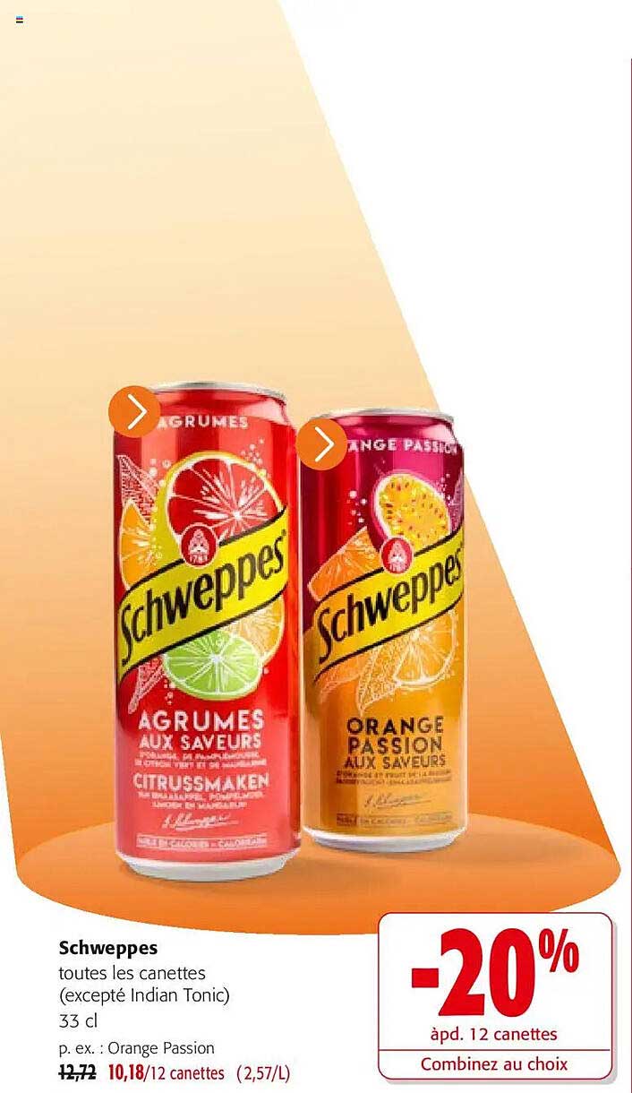 Schweppes toutes les canettes (excepté Indian Tonic) 33 cl