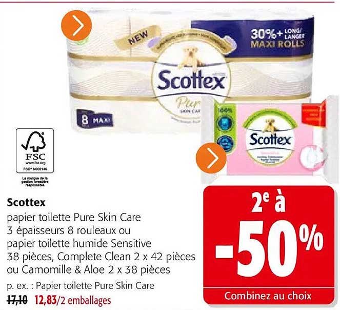 Scottex papier toilette Pure Skin Care 3 épaisseurs 8 rouleaux ou papier toilette humide Sensitive 38 pièces, Complete Clean 2 x 42 pièces ou Camomille & Aloe 2 x 38 pièces