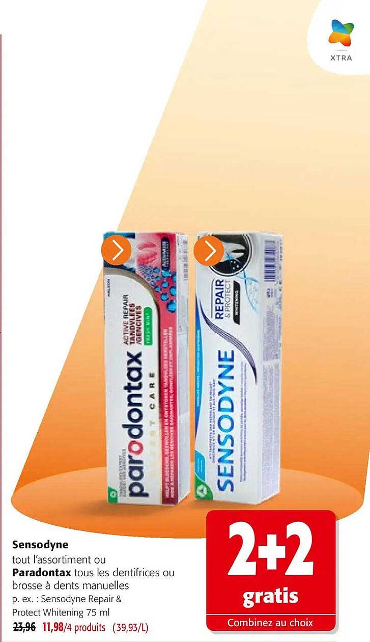 Sensodyne tout l’assortiment ou Paradontax tous les dentifrices ou brosse à dents manuelles p. ex.: Sensodyne Repair & Protect Whitening 75 ml