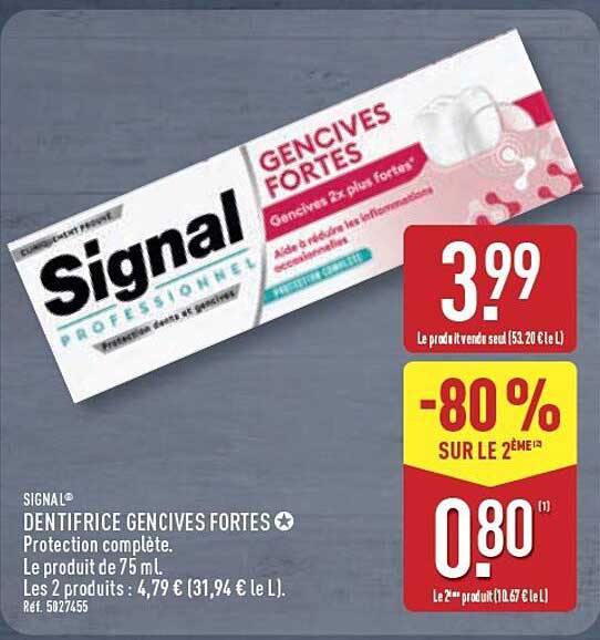 SIGNAL DENTIFRICE GENCIVES FORTES Protection complète. Le produit de 75 mL. Les 2 produits : 4,79 € (31,94 € le L). Réf. 5027455