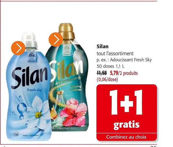 Silan tout l'assortiment p. ex.: Adoucissant Fresh Sky 50 doses 1,1 l 1+1 gratis Combinez au choix