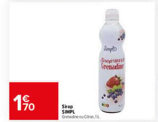 Sirop SIMPL Grenadine ou Citron, 1 L