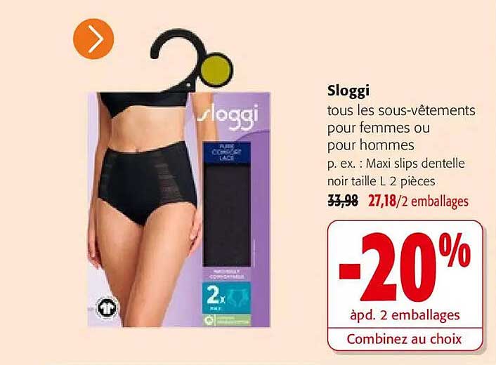 Sloggi tous les sous-vêtements pour femmes ou pour hommes p. ex. : Maxi slips dentelle noir taille L 2 pièces