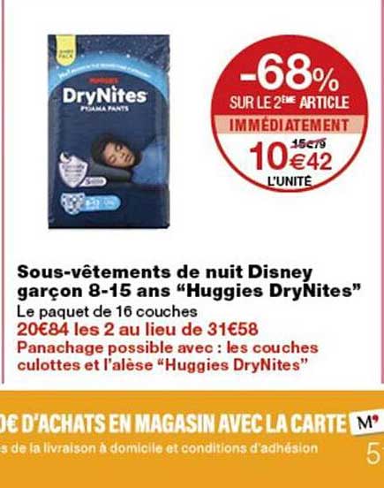 Sous-vêtements de nuit Disney garçon 8-15 ans “Huggies DryNites”