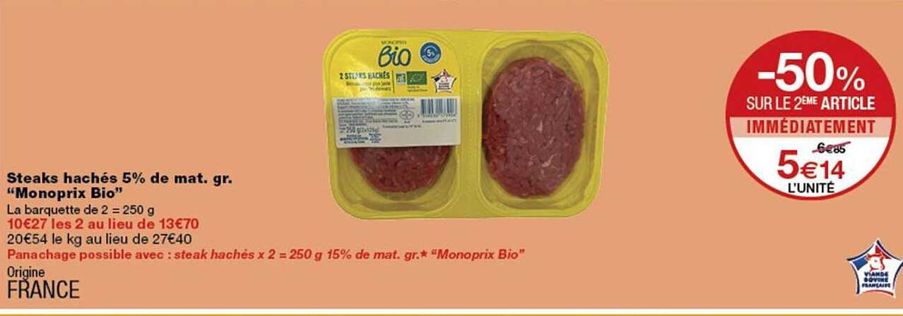 Steaks hachés 5% de mat. gr. “Monoprix Bio”