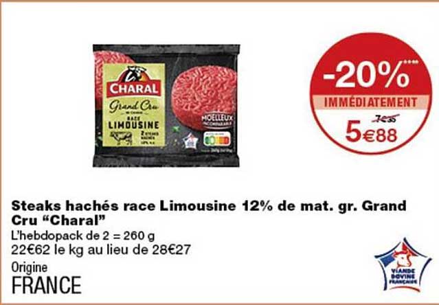 Steaks hachés race Limousine 12% de mat. gr. Grand Cru “Charal”