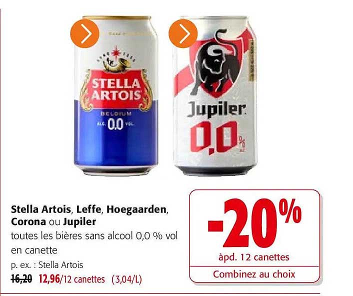 Stella Artois, Leffe, Hoegaarden, Corona ou Jupiler toutes les bières sans alcool 0,0 % vol en canette