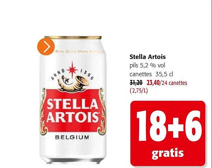Stella Artois pils 5,2 % vol canettes 35,5 cl 18+6 gratis