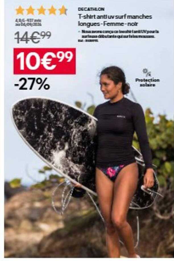 T-shirt anti UV surf manches longues - Femme - noir