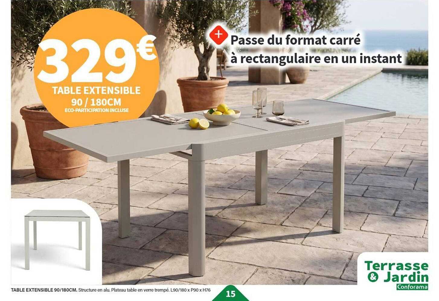 TABLE EXTENSIBLE 90/180CM. Structure en alu. Plateau table en verre trempé. L90/180 x P90 x H76
