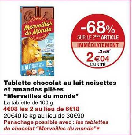Tablette chocolat au lait noisettes et amandes pilées “Merveilles du monde”