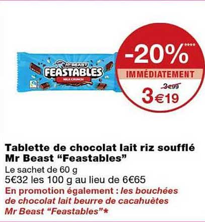Tablette de chocolat lait riz soufflé Mr Beast “Feastables”