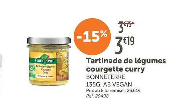 Tartinade de légumes courgette curry BONNETERRE 135G, AB VEGAN