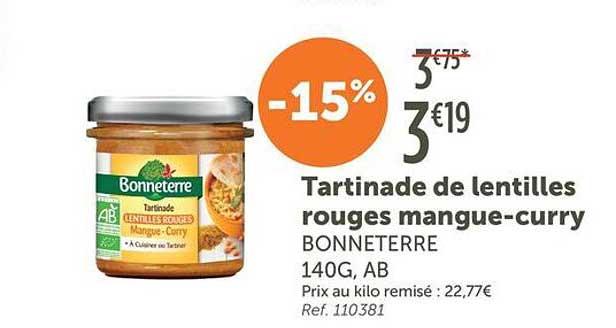 Tartinade de lentilles rouges mangue-curry BONNETERRE 140G, AB