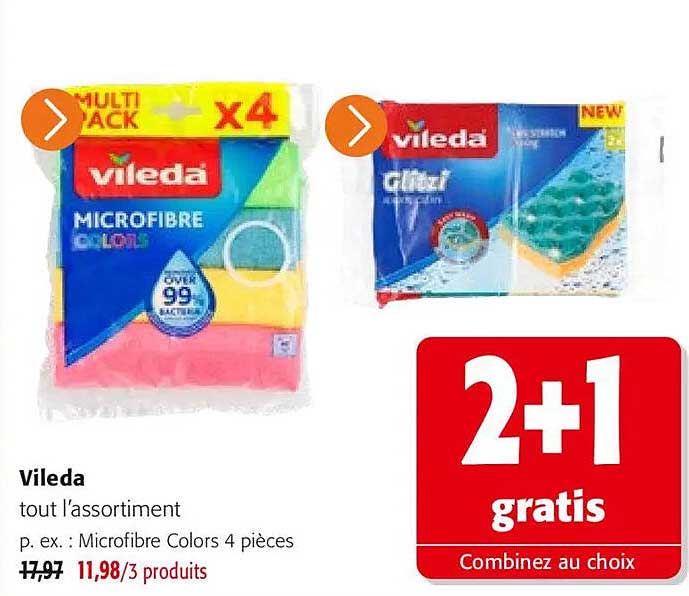 Vileda tout l'assortiment p. ex. : Microfibre Colors 4 pièces 2+1 gratis Combinez au choix