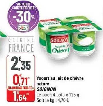 Yaourt au lait de chèvre nature SOIGNON Le pack 4 pots x 125 g