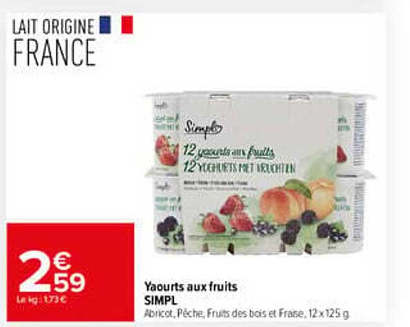 Yaourts aux fruits SIMPL Abricot, Pêche, Fruits des bois et Fraise, 12x125 g