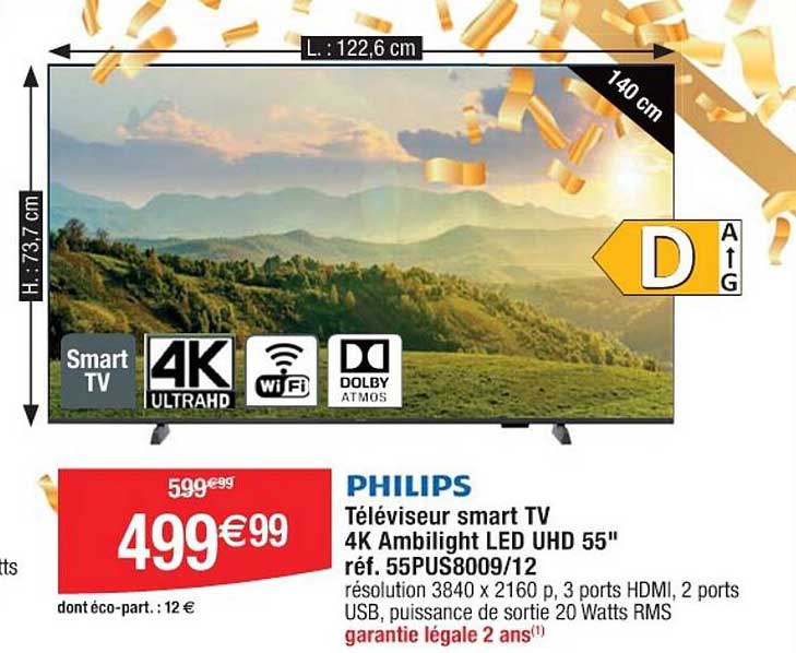 PHILIPS Téléviseur smart TV 4K Ambilight LED UHD 55" réf. 55PUS8009/12