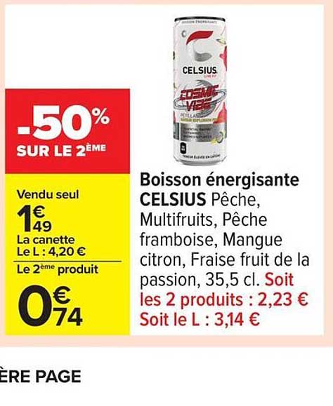 Boisson énergisante CELSIUS Pêche, Multifruits, Pêche framboise, Mangue citron, Fraise fruit de la passion, 35,5 cl.