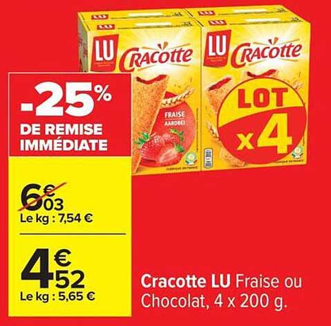 Cracotte LU Fraise ou Chocolat, 4 x 200 g.