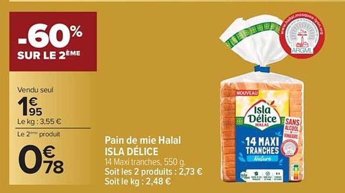Pain de mie Halal ISLA DÉLICE 14 Maxi tranches, 550 g