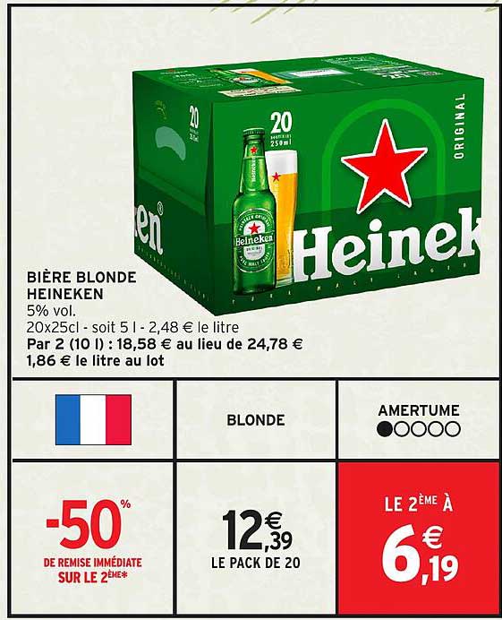 BIÈRE BLONDE HEINEKEN 5% vol. 20x25cl - soit 5 l - 2,48 € le litre Par 2 (10 l) : 18,58 € au lieu de 24,78 € 1,86 € le litre au lot