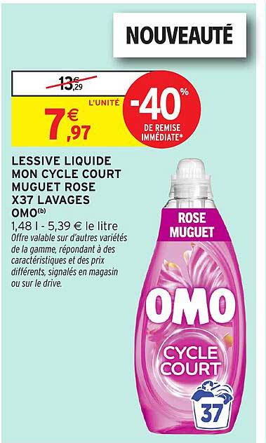 LESSIVE LIQUIDE MON CYCLE COURT MUGUET ROSE X37 LAVAGES OMO(b)