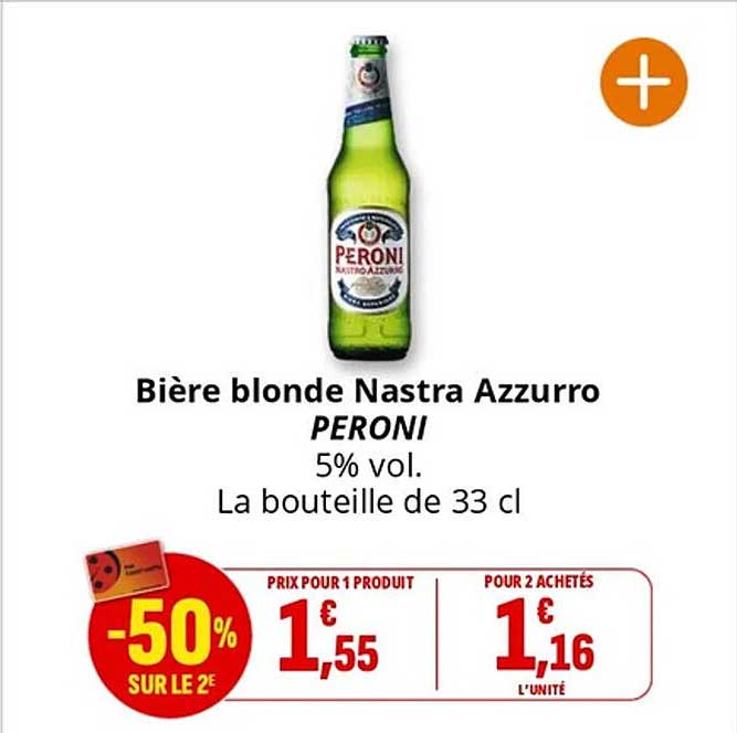 Bière blonde Nastra Azzurro PERONI 5% vol. La bouteille de 33 cl