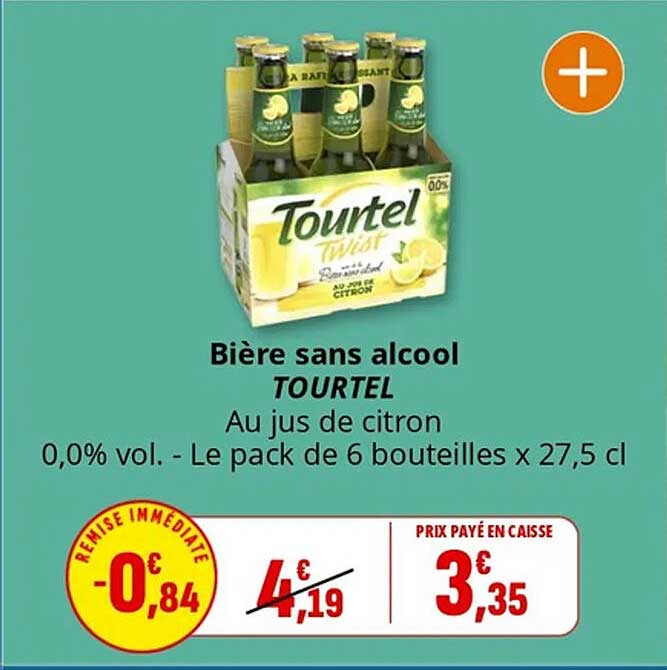 Bière sans alcool TOURTEL Au jus de citron 0,0% vol. - Le pack de 6 bouteilles x 27,5 cl